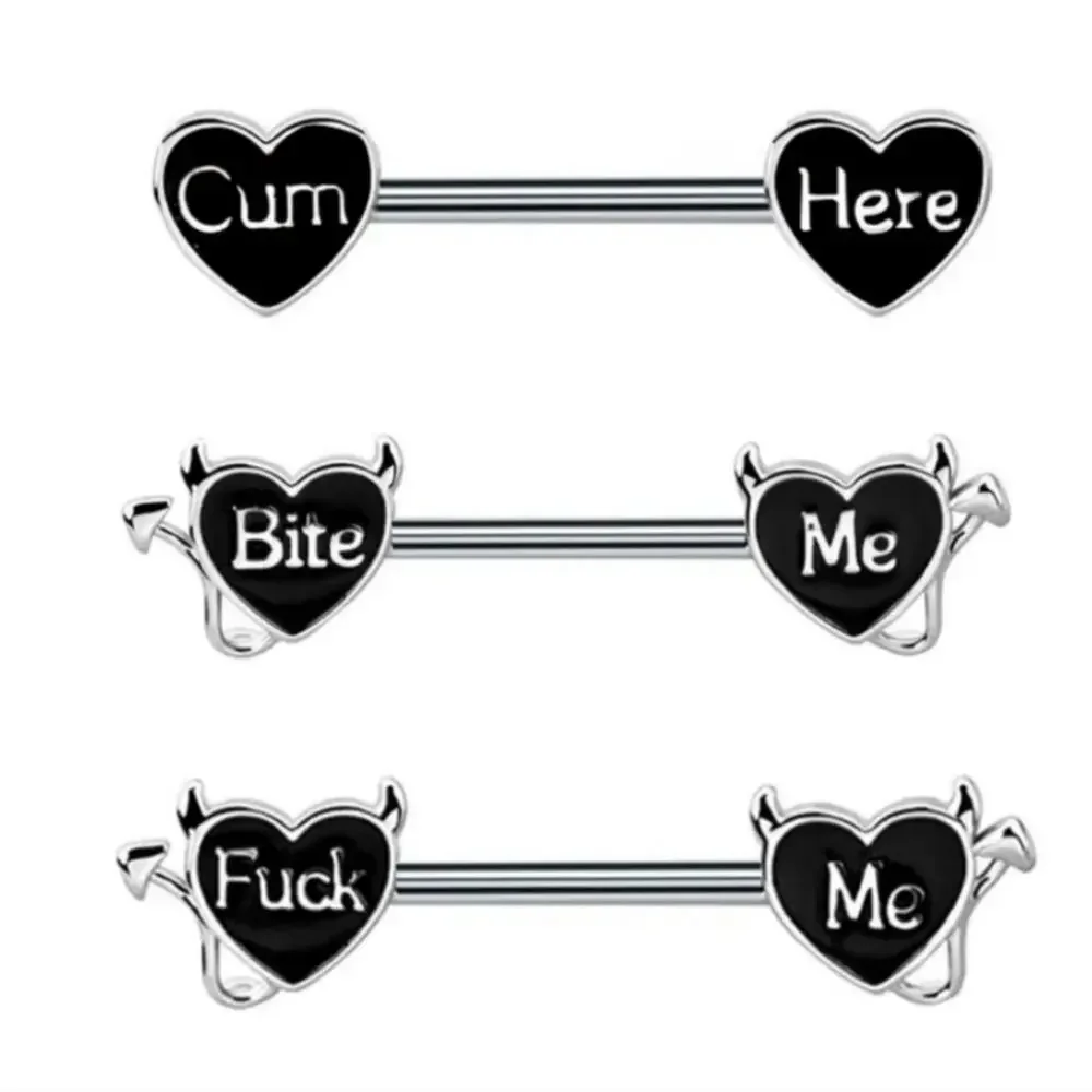 Bite Me naughty barbell nipple rings pair 14g stainless steel black silver heart